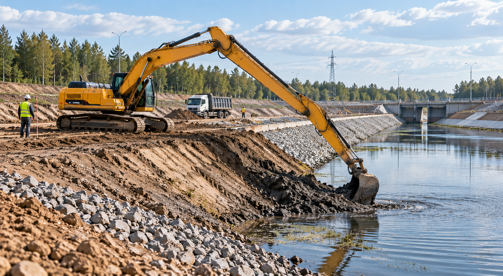 Длиннорукий экскаватор на работах возле водоёма